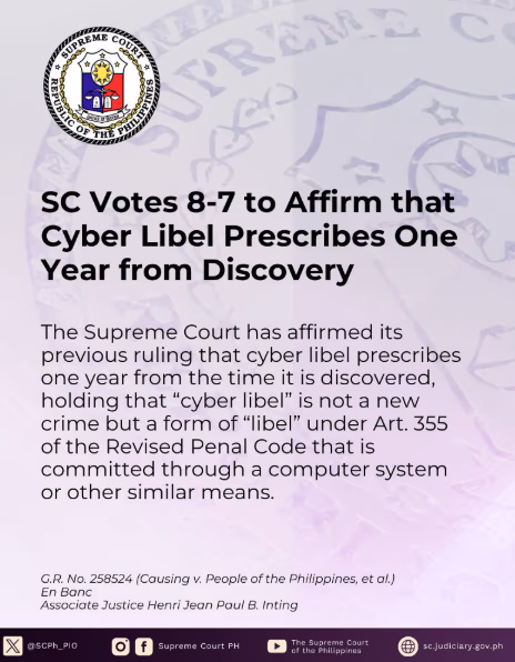 SC Votes 8-7 to Affirm that Cyber Libel Prescribes One Year from Discovery