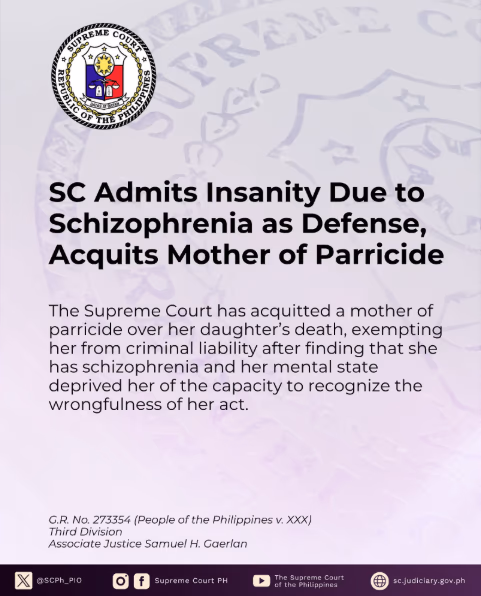 SC Admit Insanity Due to Schizoprenia as Defense, Acquits Mother of Parricide