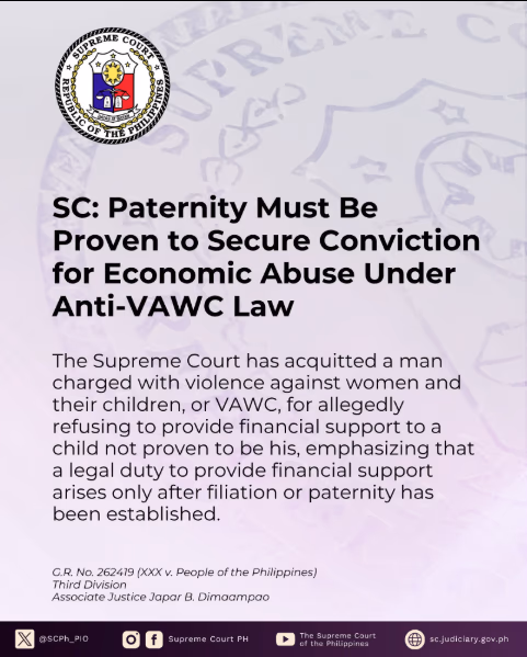 SC: Paternity Must be Proven to Secure Conviction for Economic Abuse Under Anti-VAWC Law