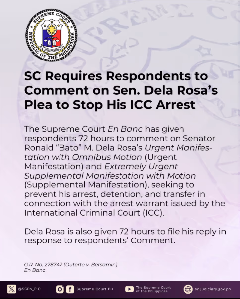 SC Requires Respondents to Comment on Sen. Dela Rosa's Plea to Stop His ICC Arrest