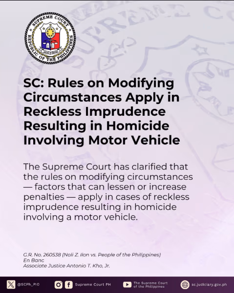 SC: Rules of Modifying Circumstances Apply in Reckless Imprudence in Homicide Involving Motor Vehicle