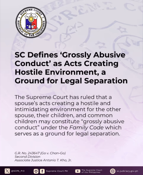 SC Defines 'Grossly Abusive Conduct' as Acts Creating Hostile Environment, a Ground for Legal Separation