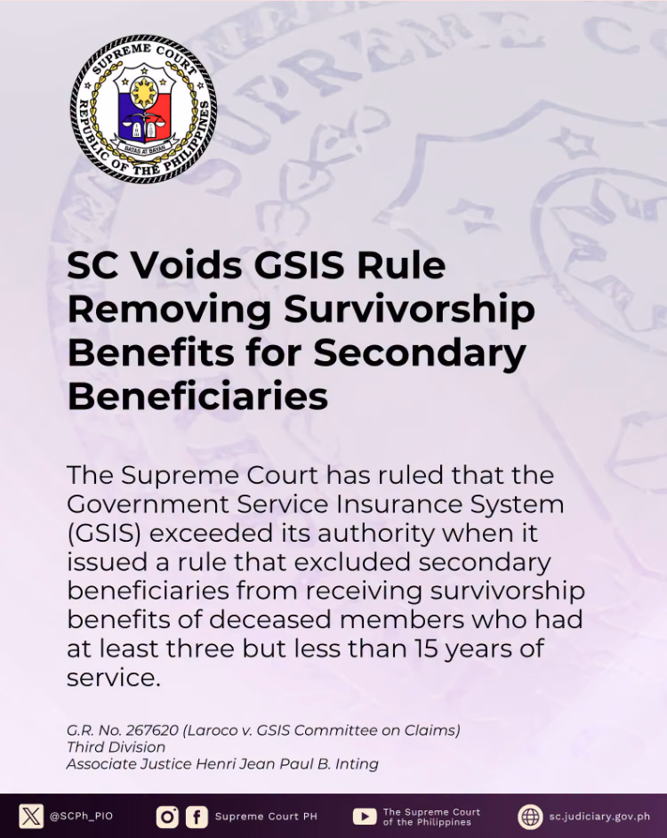 SC Voids GSIS Rule Removing Survivorship Benefits for Secondary Beneficiaries
