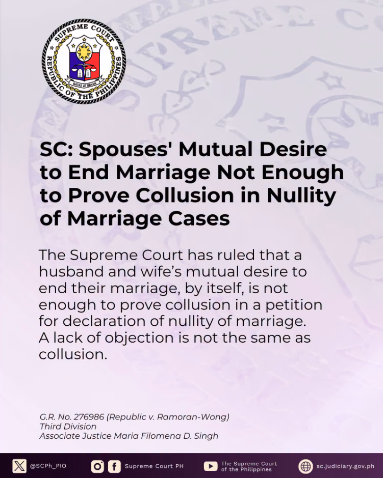 SC: Spouses' Mutual Desire to End Marriage Not Enough to Prove Collusion in Nullity of Marriage Cases