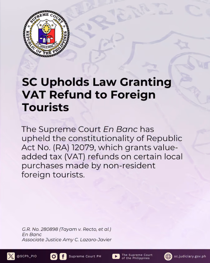 SC Upholds Law Granting VAT Refund to Foreign Tourists