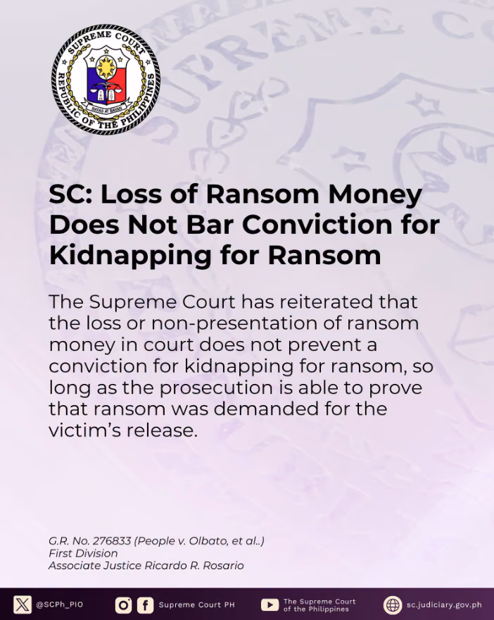 SC: Loss of Ransom Money Does Not Bar Conviction for Kidnapping for Ransom