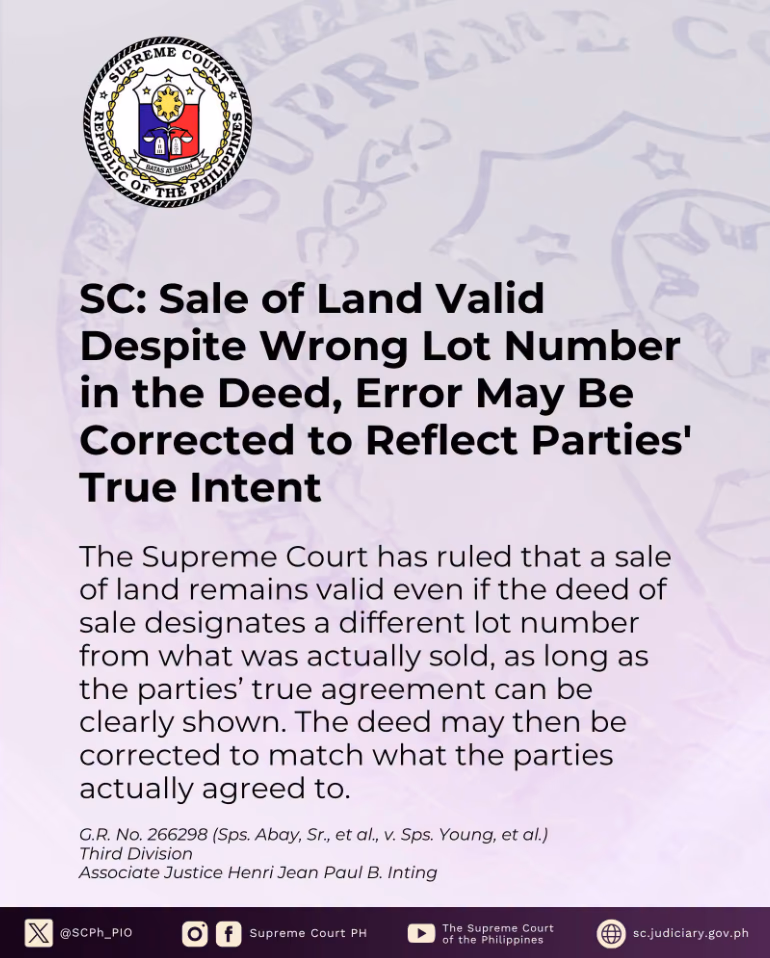 SC: Sale of Land Valid Despite Wrong Lot Number in the Deed, Error May Be Corrected to Reflect Parties' True Intent