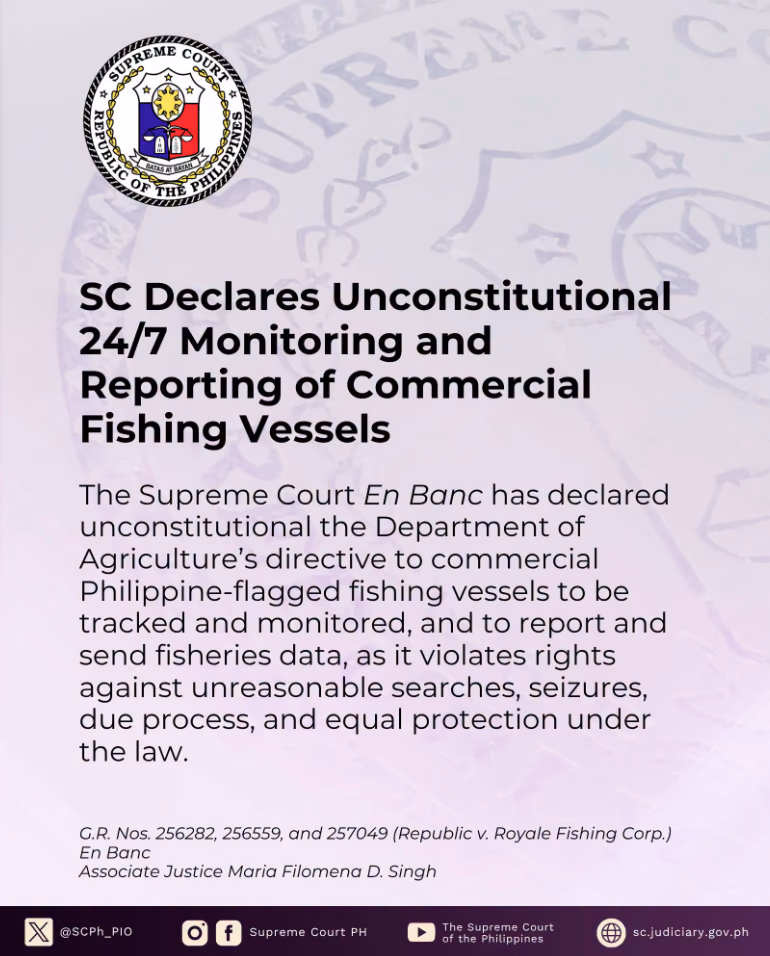 SC Declares Unconstitutional 24/7 Monitoring and Reporting of Commercial Fishing Vessel