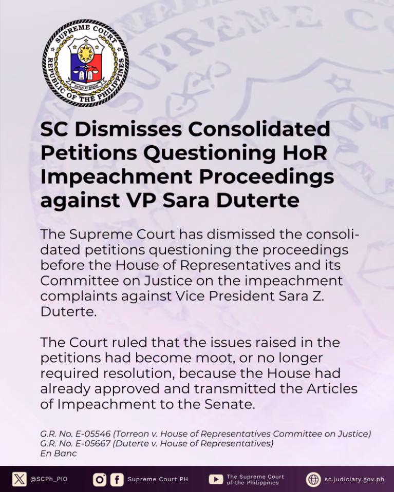 SC Dismisses Consolidated Petitions Questioning HoR Impeachment Proceedings against VP Sara Duterte