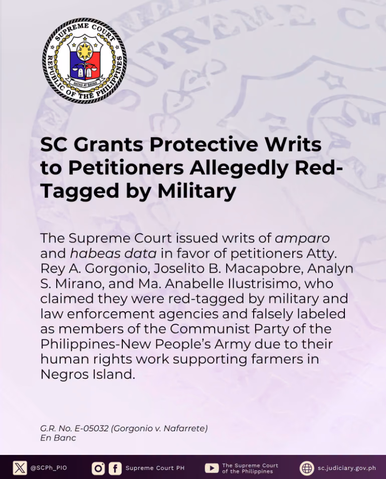 SC Grants Protective Writs to Petitioner Allegedly Red-Tagged by Military