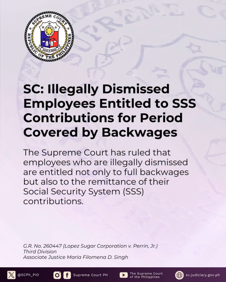 SC: Illegally Dismissed Employees Entitled to SSS Contributions for Period Covered by Backwages