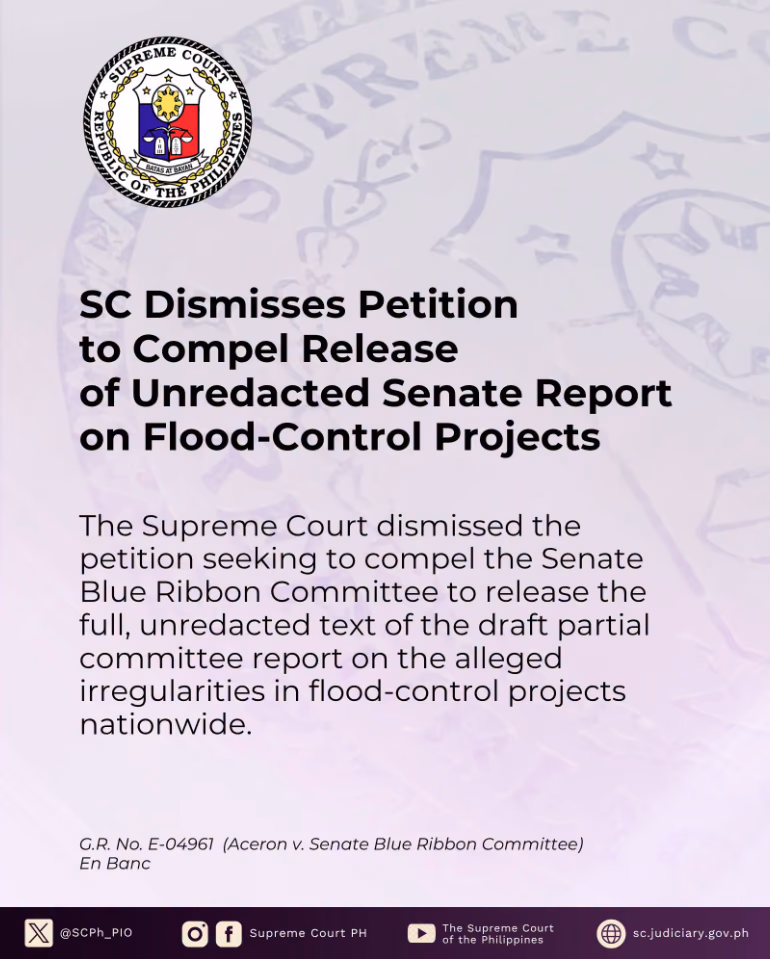 SC Dismisses Petition to Compel Release of Unredacted Senate Report on Flood-Control Projects