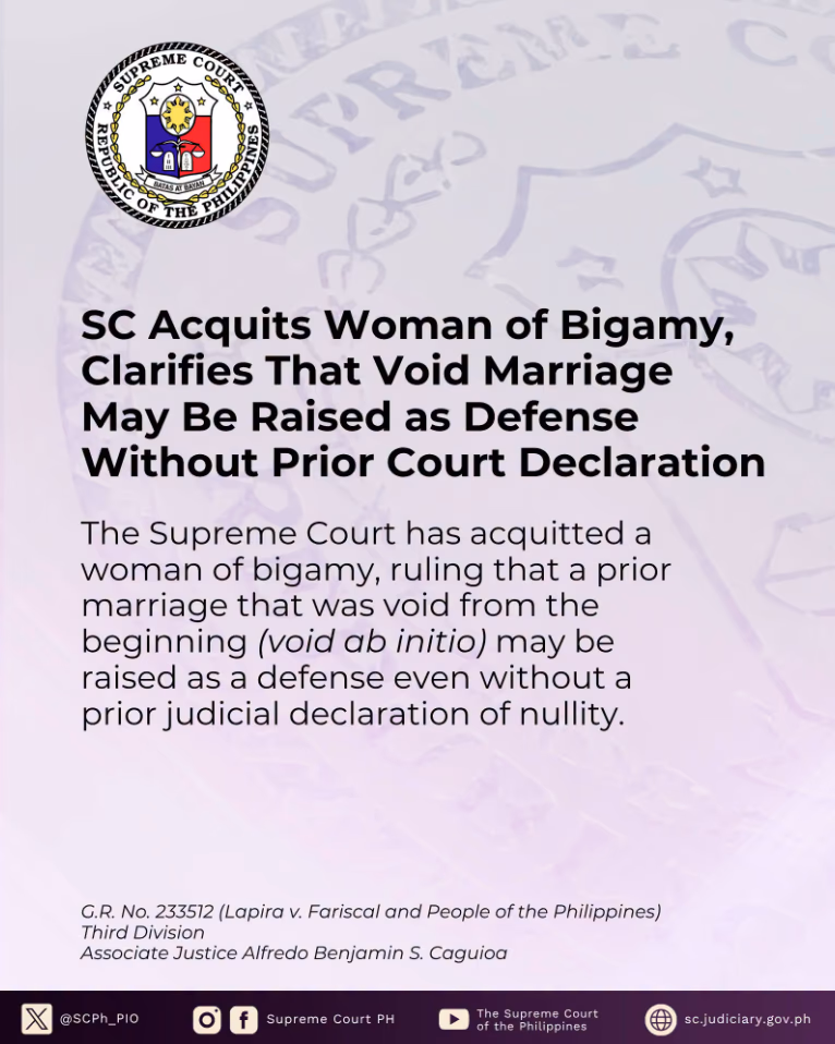 SC: Acquits Woman of Bigamy, Clarifies That Void Marriage May  Be Raised as Defense Without Prior Court Declaration