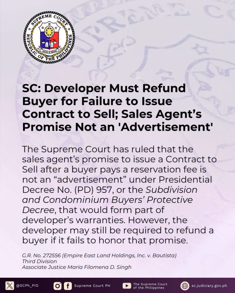 SC: Developer Must Refund Buyer for Failure to Issue Contract to Sell; Sales Agent's Promise Not an 'Advertisement'
