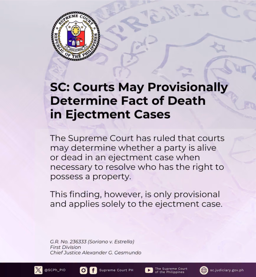 SC: Courts May Provisionally Determine Fact of Death in Ejectment Cases
