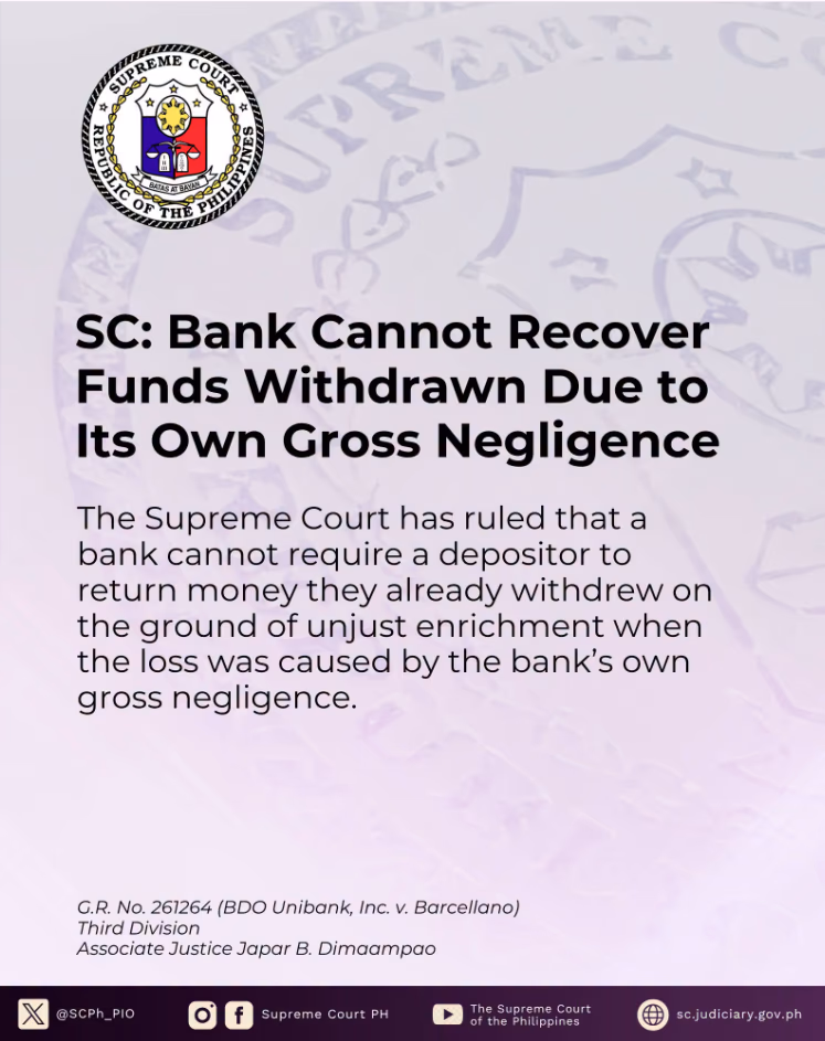 SC: Bank Cannot Recover Funds Withdrawn Due to its Own Gross Negligence