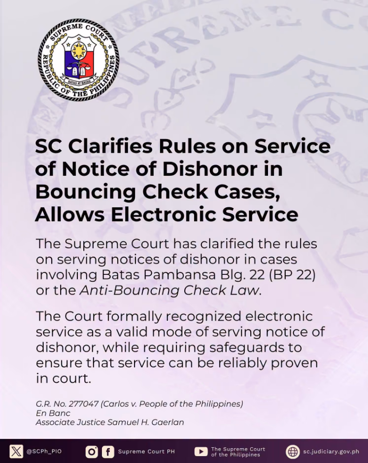 SC Clarifies Rules on Service of Notice of Dishonor in Bouncing Check Cases, Allows Electronic Service