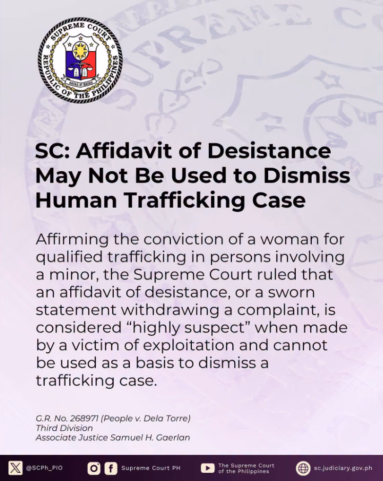 SC: Affidavit of Desistance May Not Be Used to Dismiss Human Trafficking Case