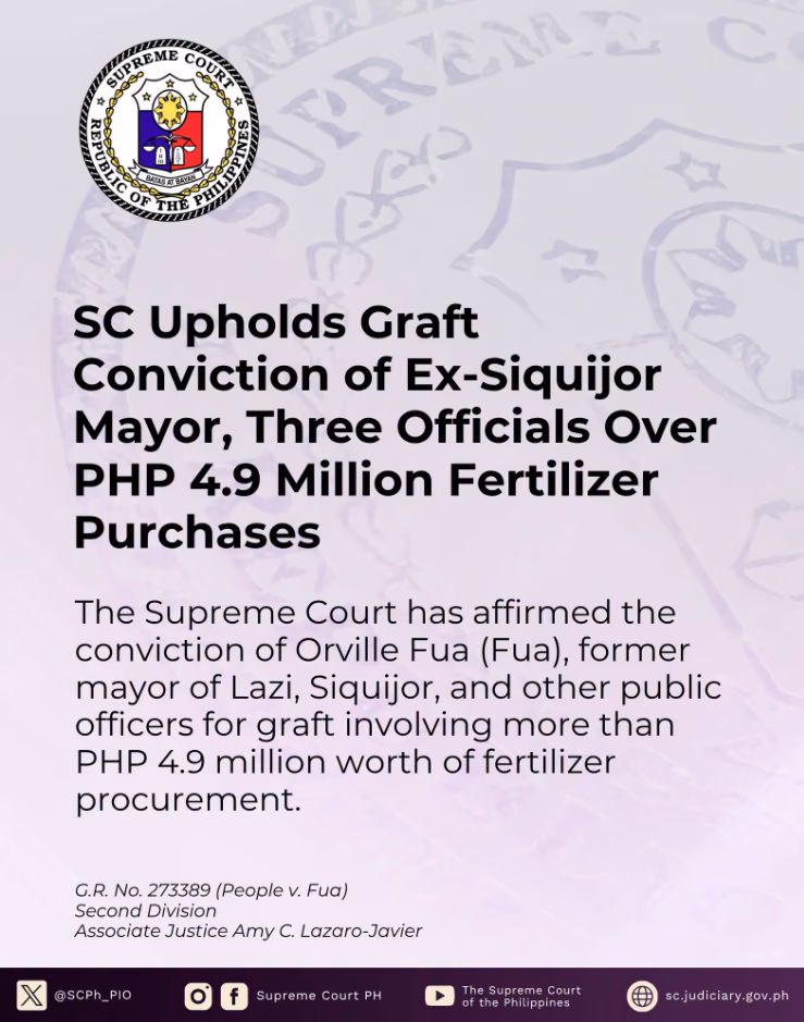 SC Upholds Graft Conviction of Ex-Siquijor Mayor, Three Officials Over Php 4.9 Million Fertilizer Purchases