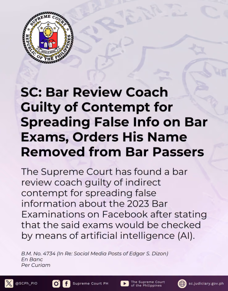 SC: Bar Review Coach Guilty of Contempt for Spreading False Info on Bar Exams, Orders His NName Removed from Bar Passers