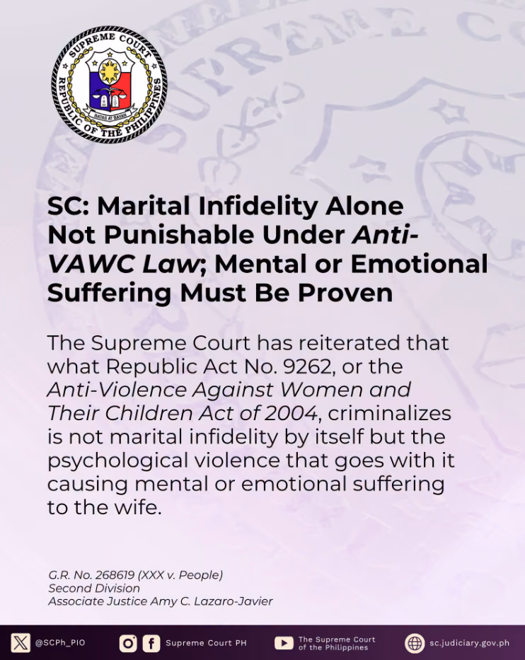 SC: Marital Infidelity Alone Not Punishable Under Anti-VAWC Law; Mental or Emotional Suffering Must Be Proven