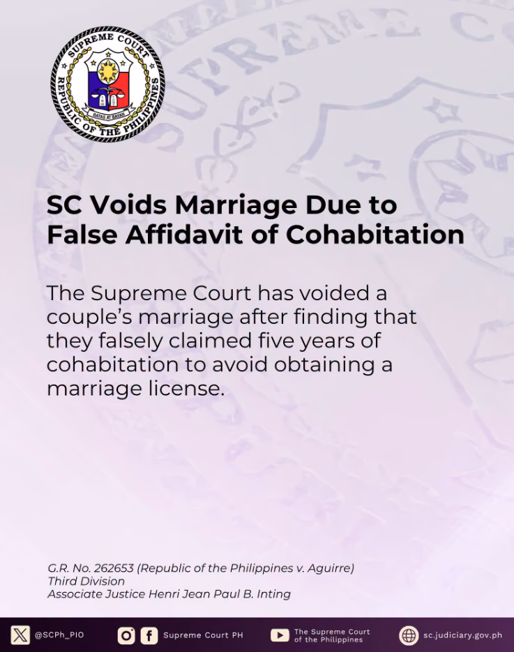 SC Voids Marriage Due to False Affidavit of Cohabitation