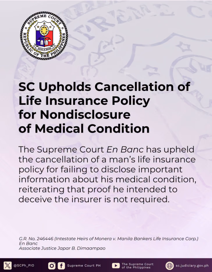 SC Upholds Cancellation of Life Insurance policy for Non-disclosure of Medical Condition