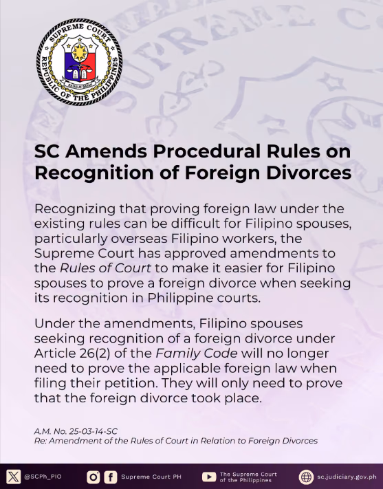 SC Amends Procedural Rules on Recognition of Foreign Divorce