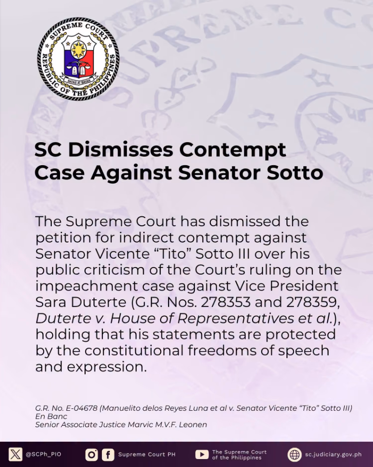 SC Dismisses Contempt Case Against Senator Sotto