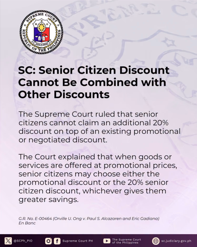 SC: Senior Citizen Discount Cannot be Combined with Other Discounts