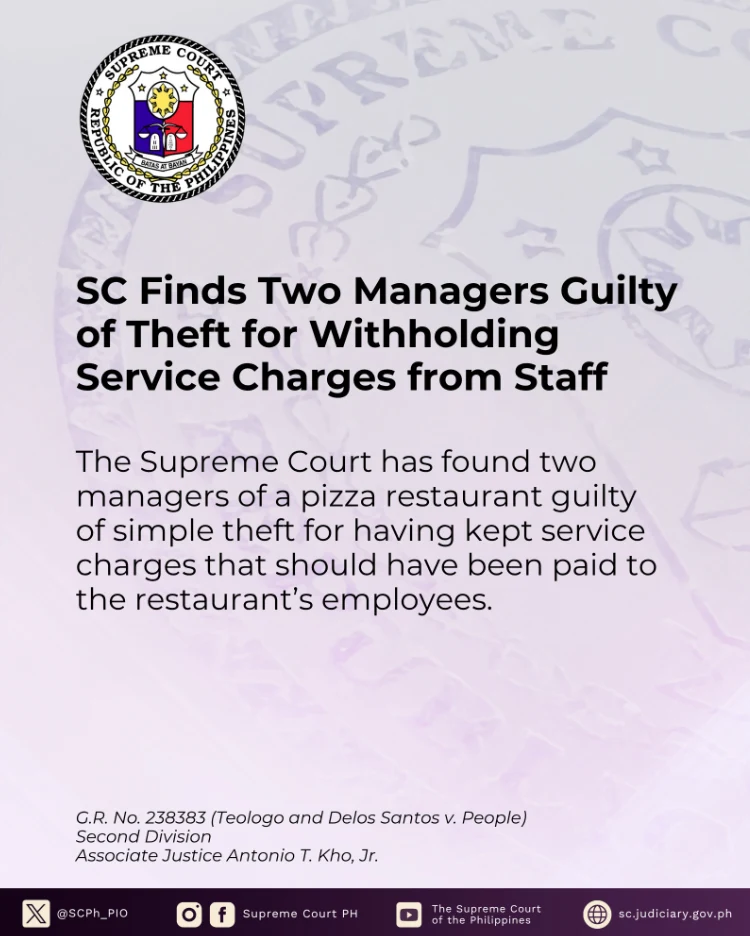 SC: Finds Two Managers Guilty of Theft for Withholding Service Charges from Staff