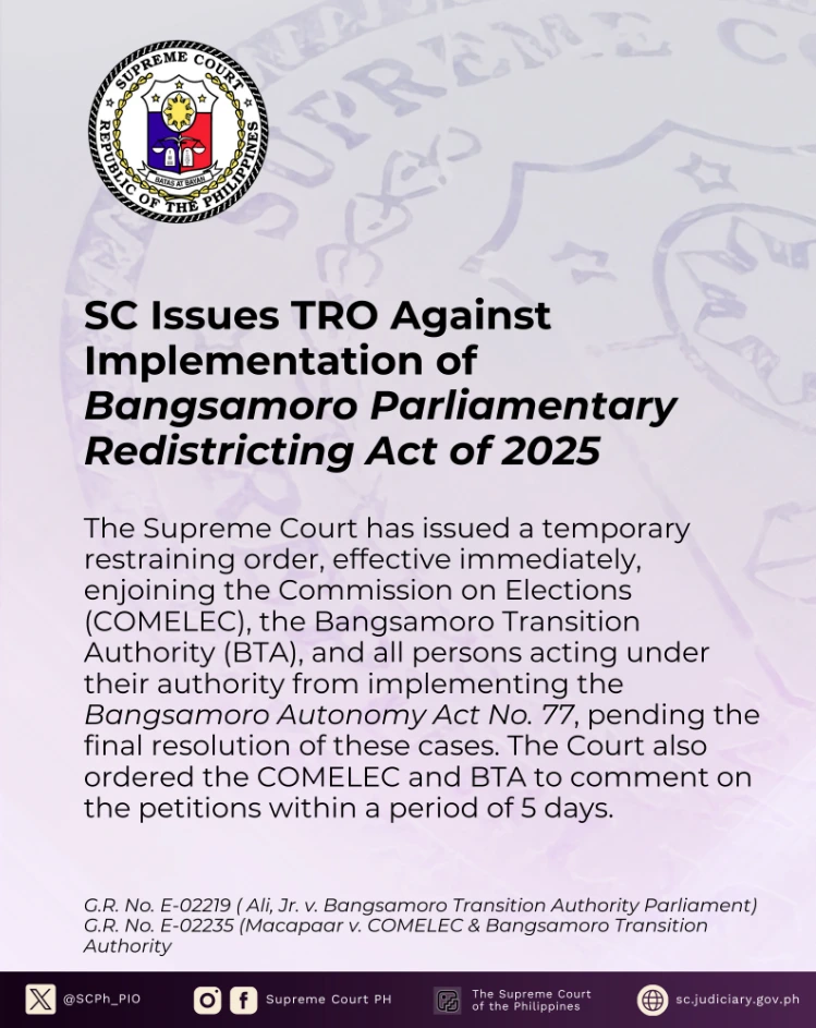 SC: Issues TRO Against Implementation of Bangsamoro Parliamentary Redistricting Act of 2025