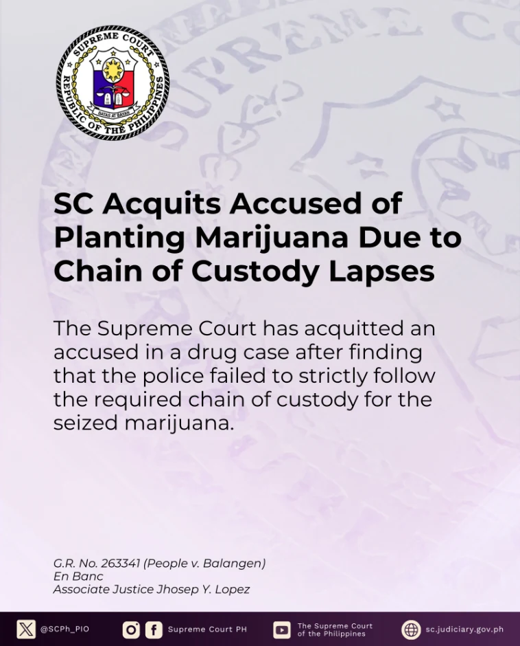 SC Acquits Accused of Planting Marijuana Due to Chain of Custody Lapses