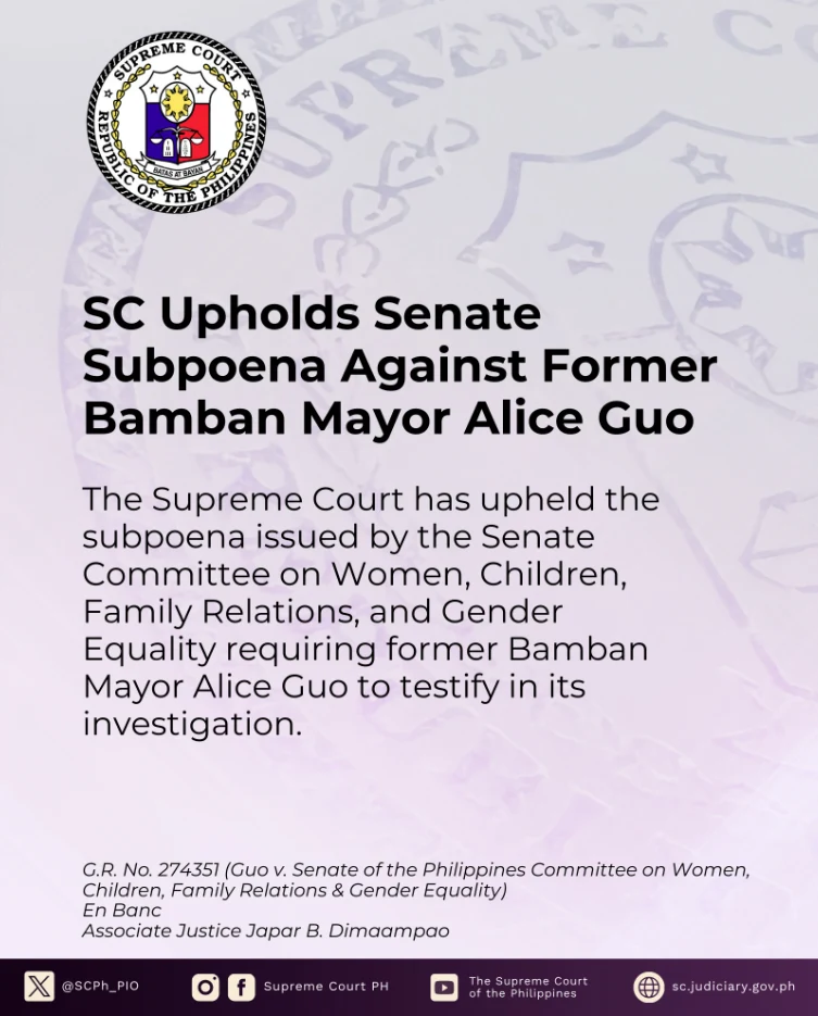 SC: Upholds Senate Subpoena Against Former Bamban Mayor Alice Guo