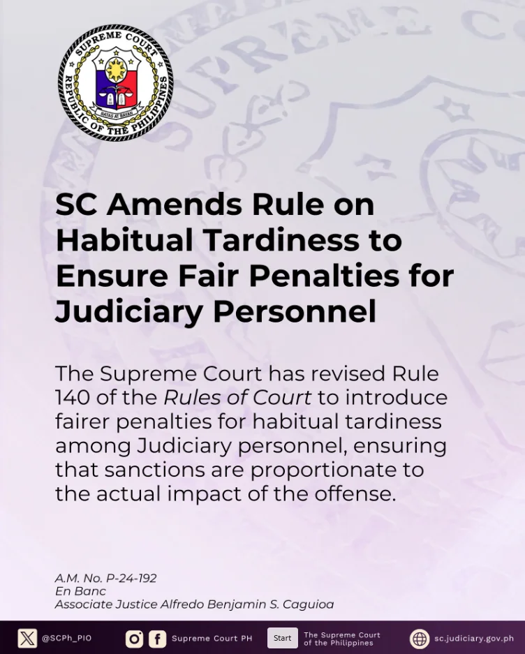 SC: Amends Rules on Habitual Tardiness to Ensure Fair Penalties for Judiciary Personnel