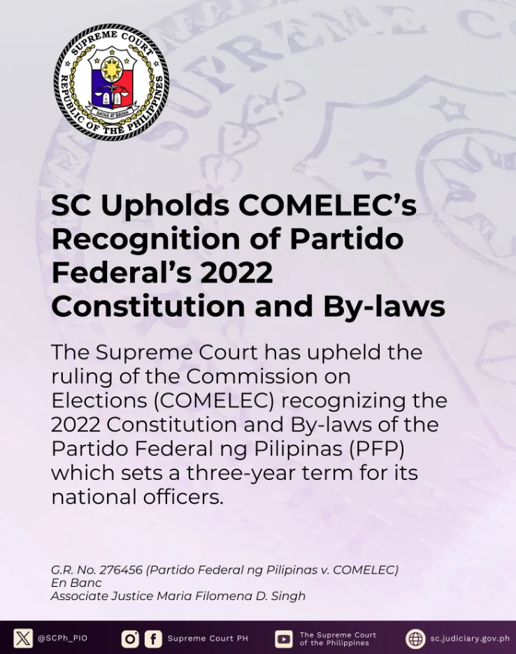 SC: Upholds COMELEC's Recognition of Partido Federal's Constitution and By-laws