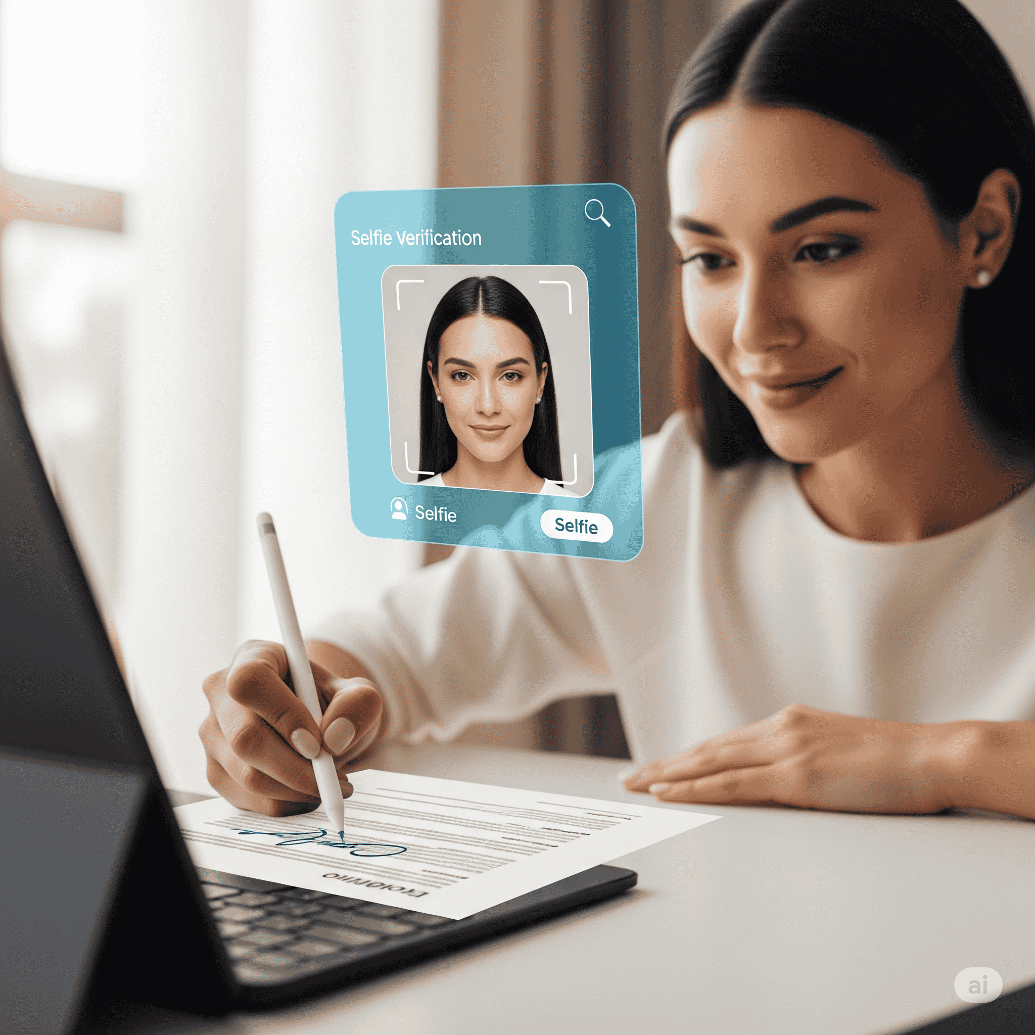Woman signing document digitally with selfie verification