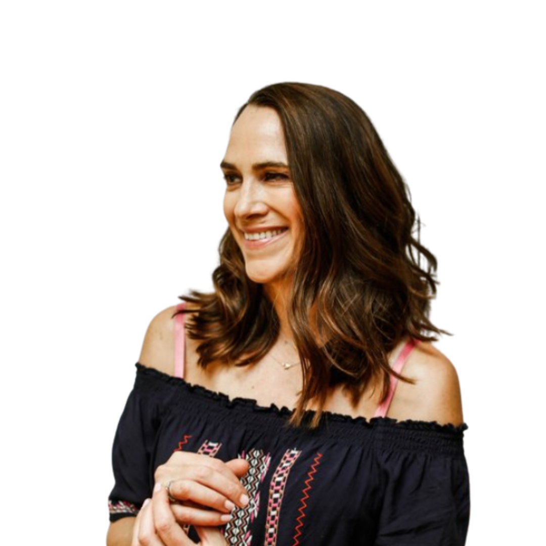 Jane smiling in a dark off-shoulder top against a soft green background beside the episode title.