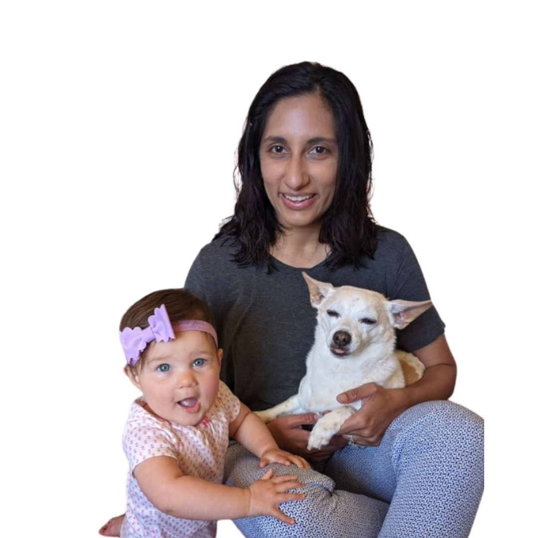 Jaya sitting with her young daughter and a small white dog against a soft green background beside the episode title.