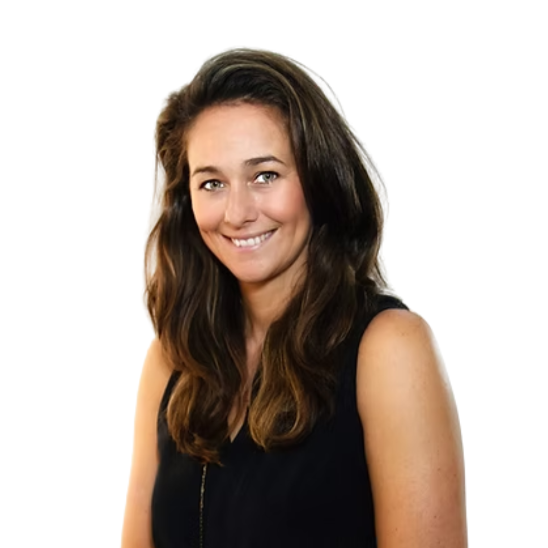 Portrait of Sylvie smiling, with long brown hair and a sleeveless black top against a plain white background.