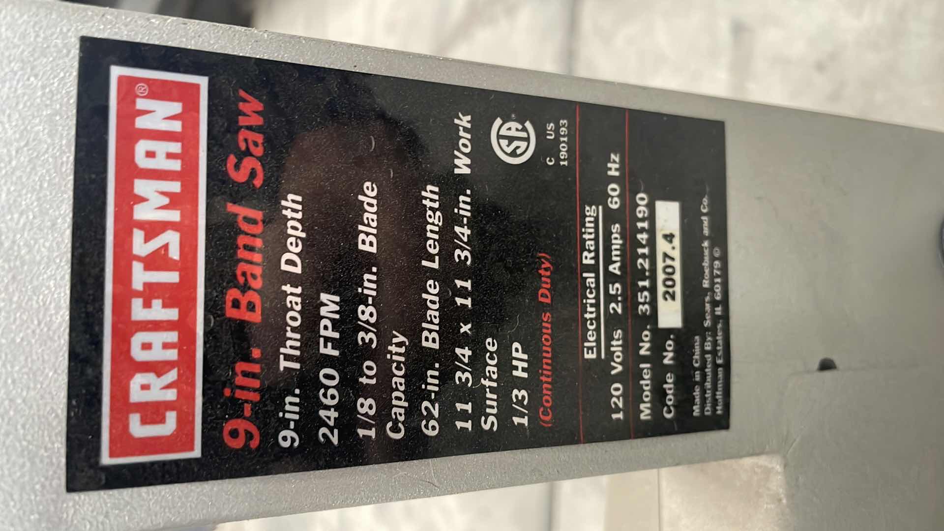 Photo 1 of CRAFTSMAN 9” BAND SAW 1/3HP 62” BLADE LENGTH