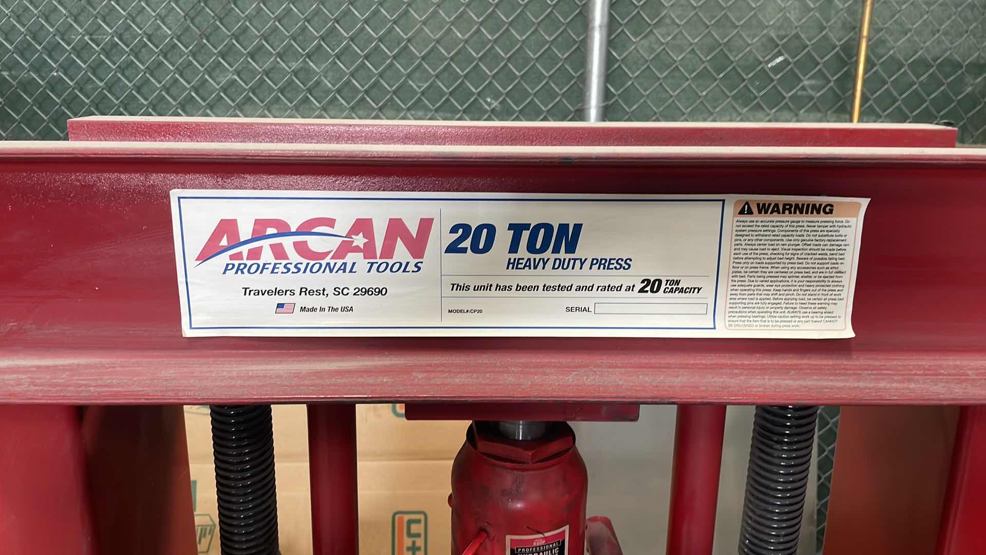 Photo 1 of ARCAN 20 TON MANUAL SHOP PRESS, 20 TON CAPACITY, STAND, PRESS CYLINDER