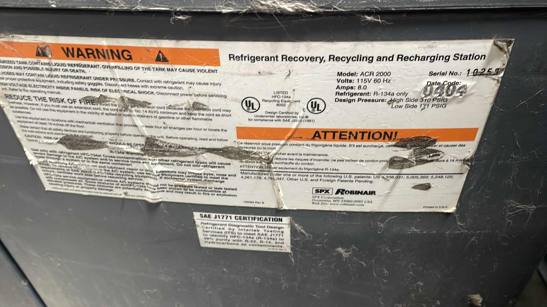 Photo 4 of ROBINAIR SPX KENT MOORE MODEL J-43600 REFRIGERANT RECOVERY, RECYCLING AND RECHARGING STATION MODEL ACR 2000