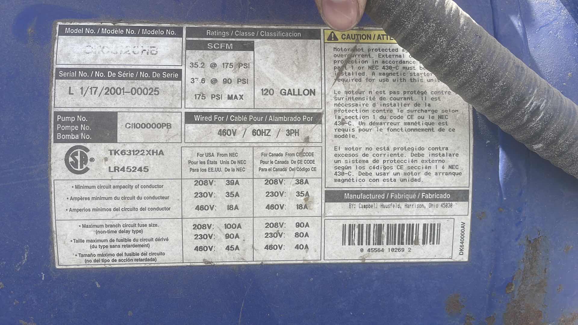 Photo 1 of CAMPBELL HAUSFELD  120 GALLON 10HP AIR COMPRESSOR