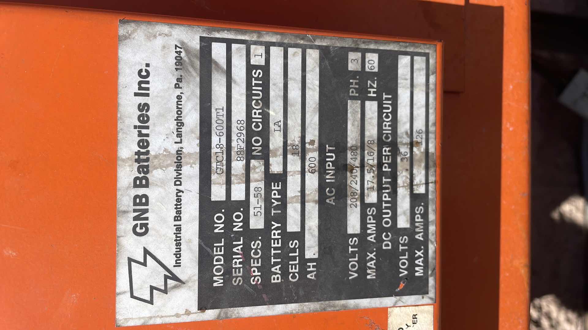 Photo 1 of GNB BATTERIES GTC12-600T1 FERROCHARGER LA TYPE BATTERY CHARGER 12 CELL FORKLIFT ON STAND