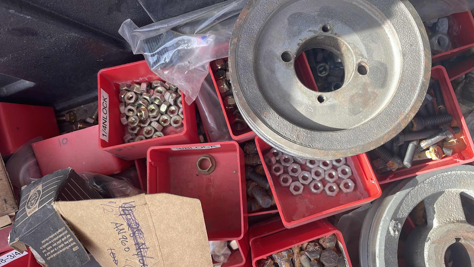 Photo 6 of PULLEY PARTS MISC BOLTS NUTS DEWALT 14” CHOP SAW BLADE IN TOTE