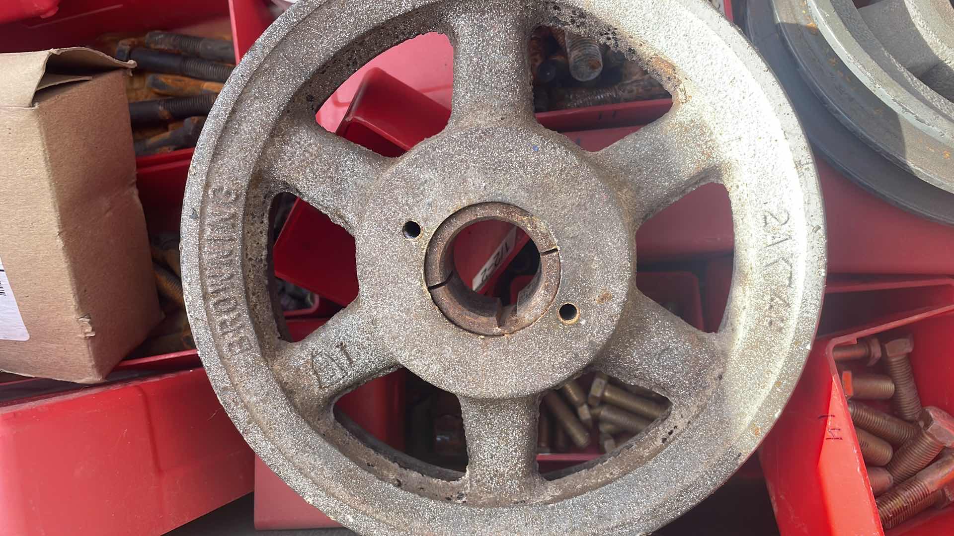 Photo 4 of PULLEY PARTS MISC BOLTS NUTS DEWALT 14” CHOP SAW BLADE IN TOTE