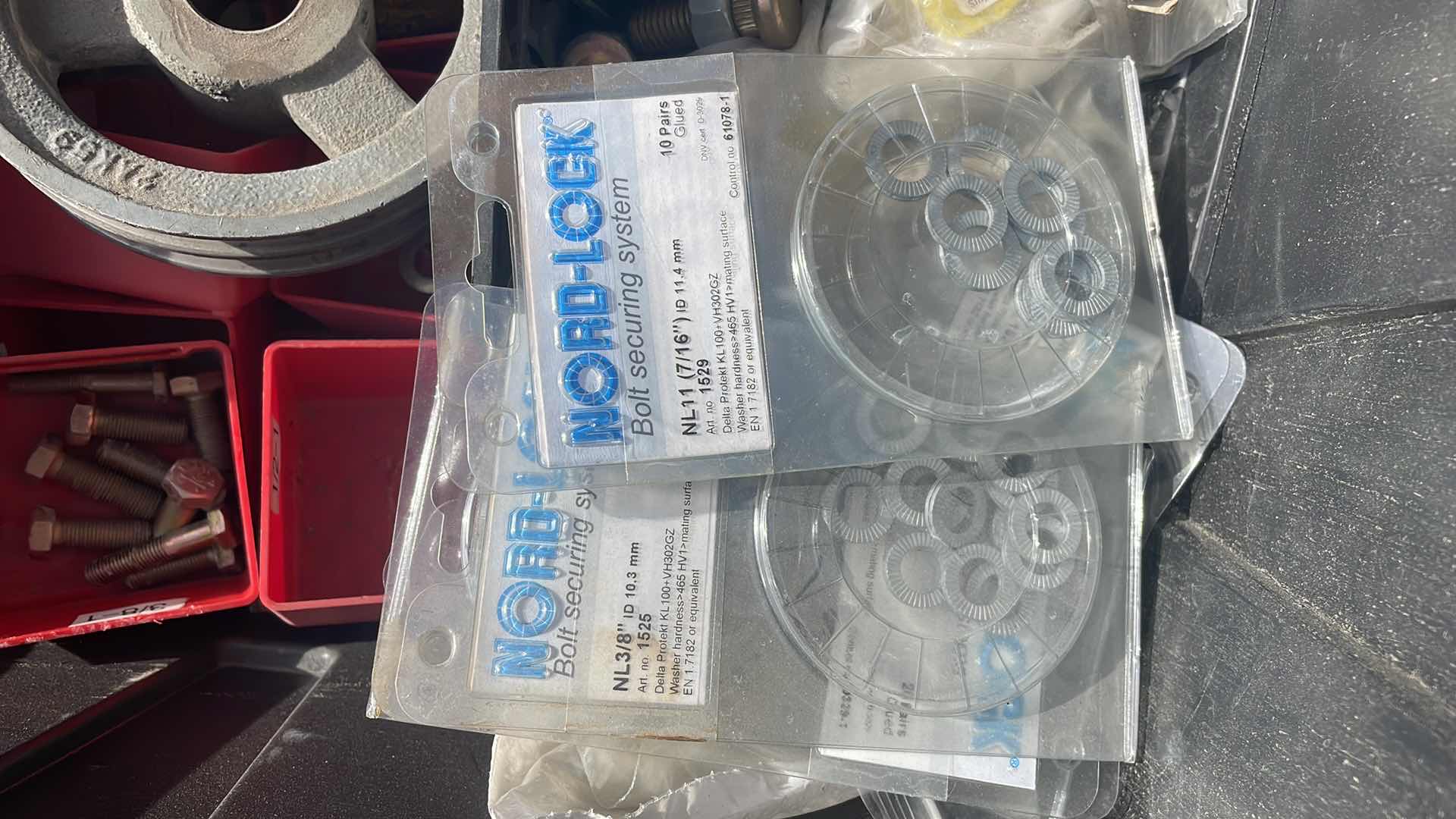 Photo 1 of PULLEY PARTS MISC BOLTS NUTS DEWALT 14” CHOP SAW BLADE IN TOTE