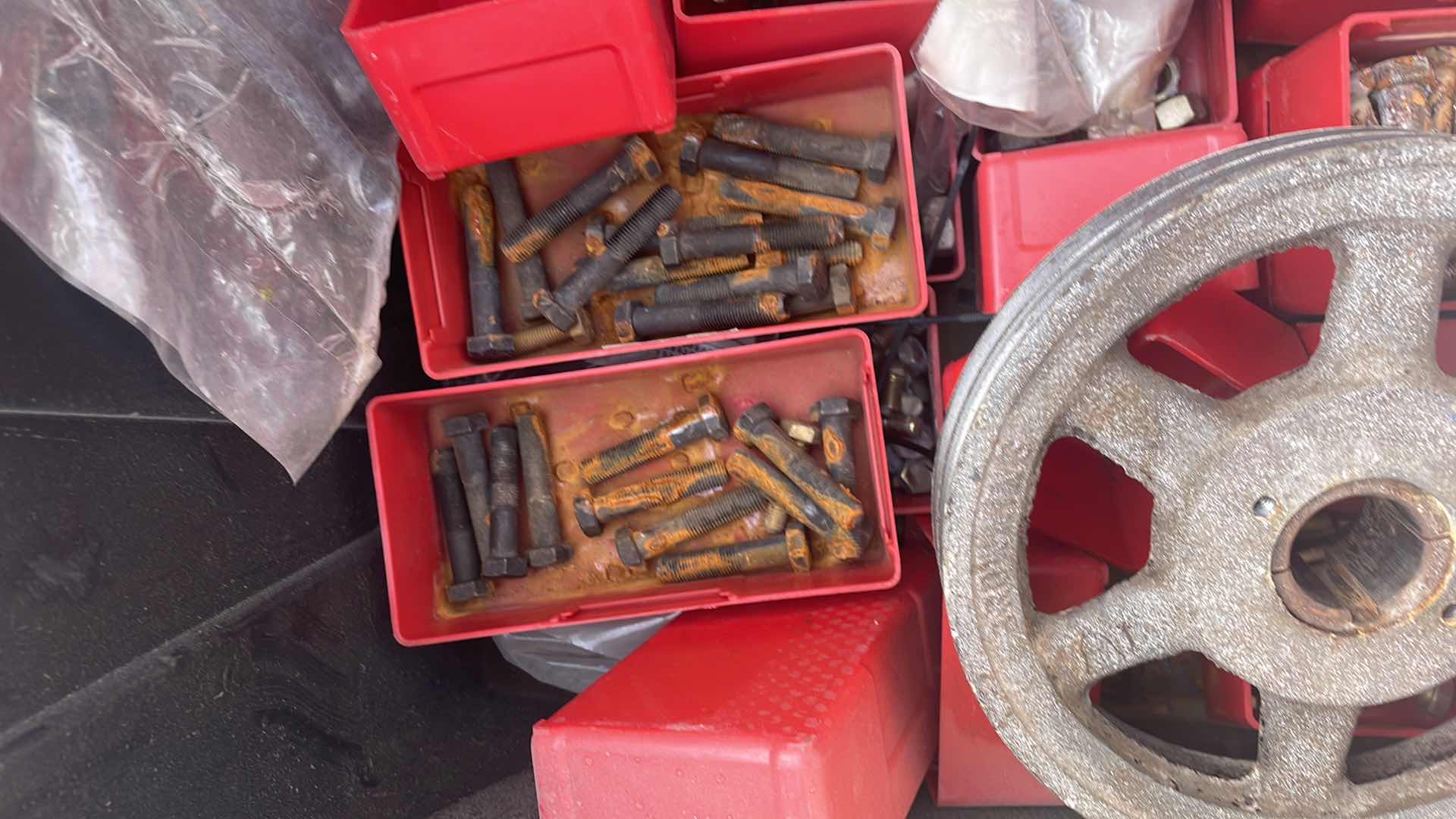 Photo 5 of PULLEY PARTS MISC BOLTS NUTS DEWALT 14” CHOP SAW BLADE IN TOTE