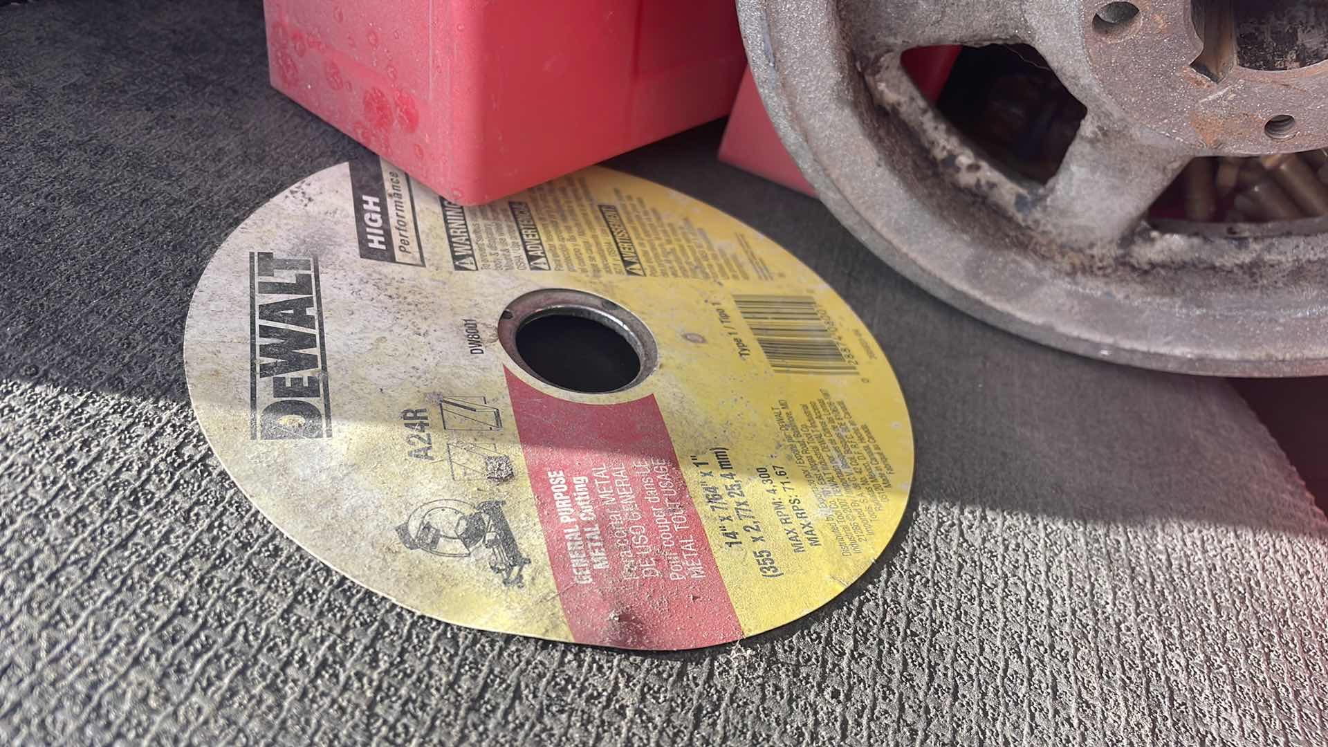 Photo 3 of PULLEY PARTS MISC BOLTS NUTS DEWALT 14” CHOP SAW BLADE IN TOTE